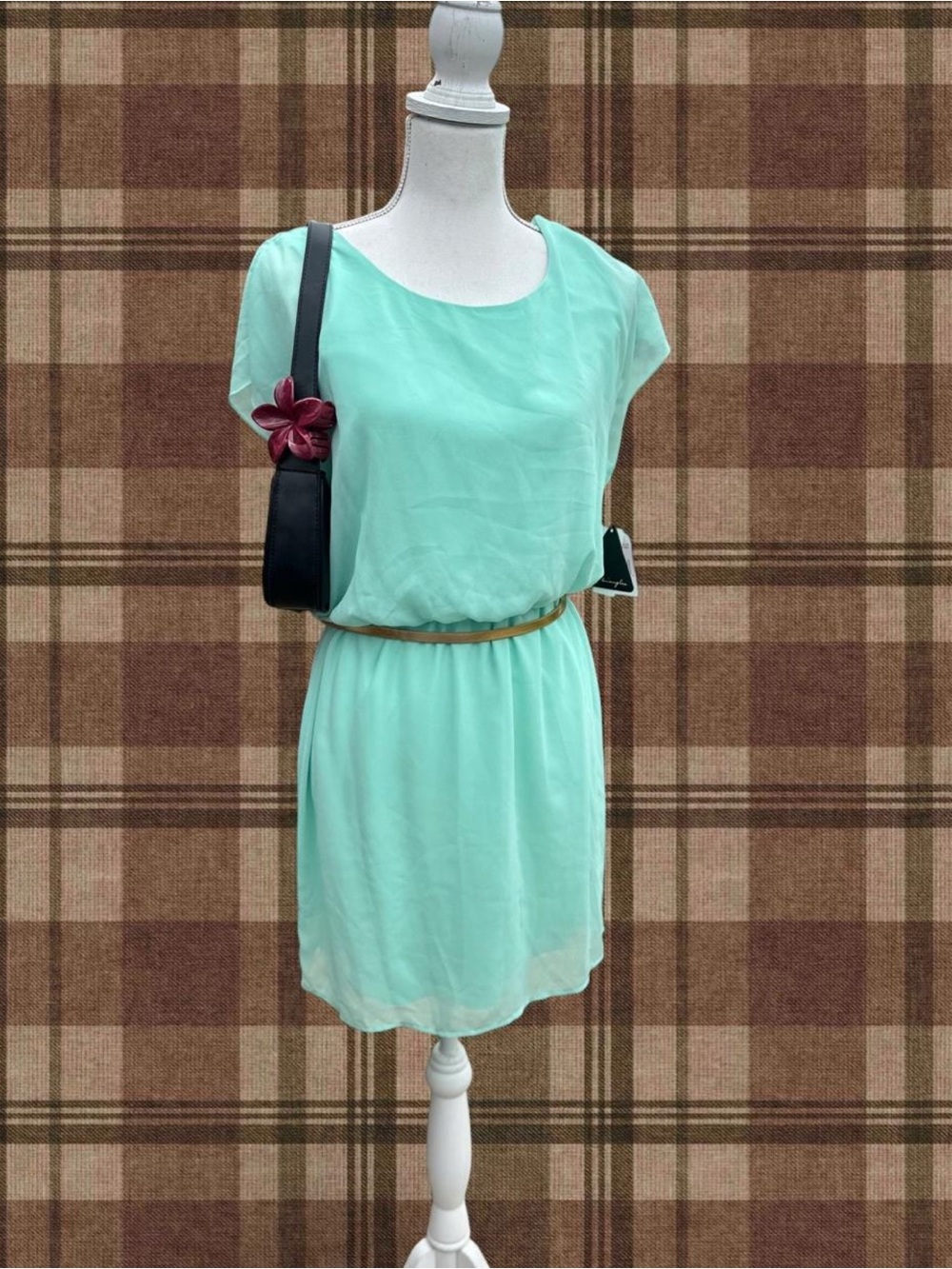 Women's Mint Chiffon Belted Dress - Mint